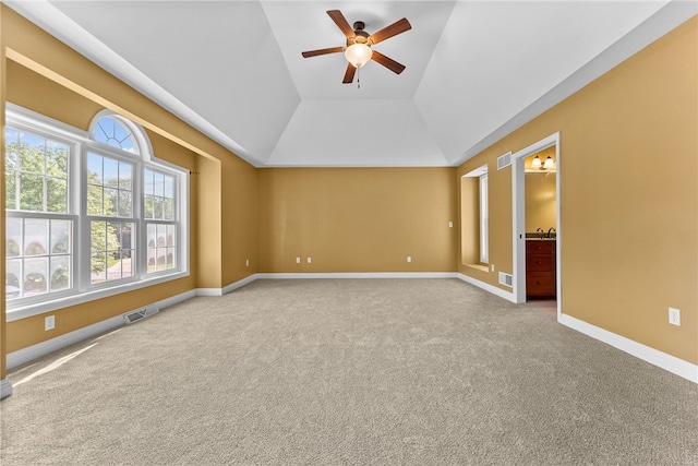 621 Columbia Ct, Adams Twp, PA 16046 - empty room featuring a ceiling fan, carpet, a tray ceiling, baseboards, and lofted ceiling