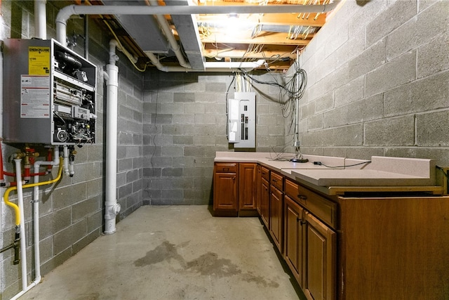 621 Columbia Ct, Adams Twp, PA 16046 - unfinished basement with electric panel, water heater, and concrete block wall