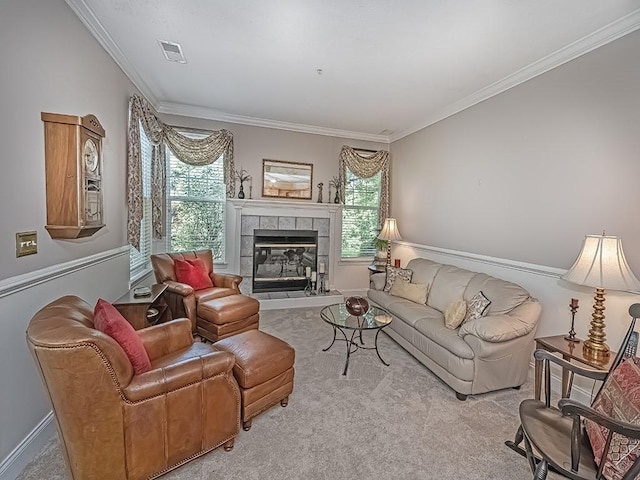 210 Adams Pointe Blvd Unit 6, Adams Twp, PA 16046 - living room with carpet floors, healthy amount of natural light, ornamental molding, and a fireplace