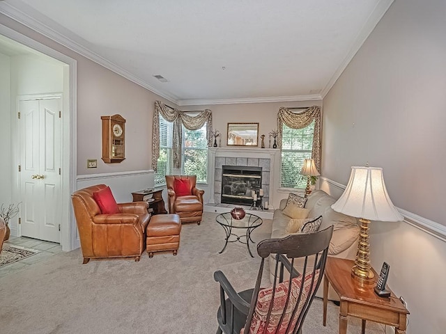 210 Adams Pointe Blvd Unit 6, Adams Twp, PA 16046 - living area featuring carpet flooring, ornamental molding, and a tile fireplace