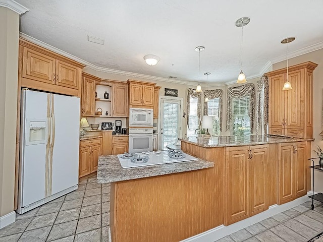 210 Adams Pointe Blvd Unit 6, Adams Twp, PA 16046 - kitchen featuring white appliances, a peninsula, open shelves, hanging light fixtures, and ornamental molding