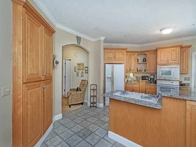 210 Adams Pointe Blvd Unit 6, Adams Twp, PA 16046 - kitchen with white appliances, arched walkways, open shelves, baseboards, and crown molding