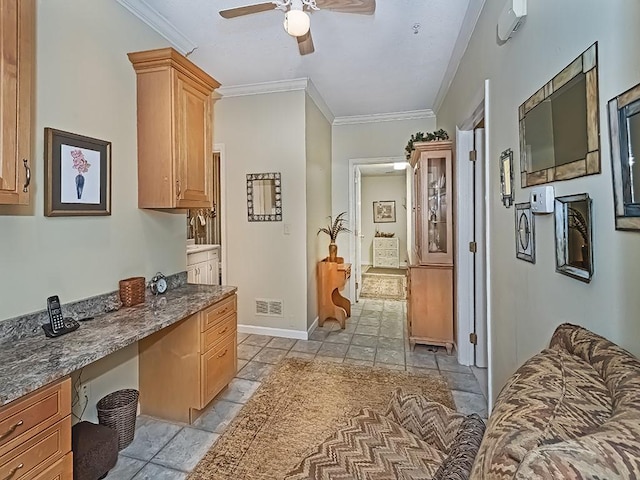 210 Adams Pointe Blvd Unit 6, Adams Twp, PA 16046 - kitchen featuring crown molding, a ceiling fan, dark stone countertops, and baseboards