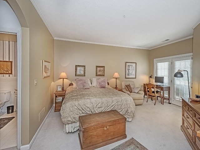 210 Adams Pointe Blvd Unit 6, Adams Twp, PA 16046 - bedroom with light carpet, arched walkways, access to exterior, ornamental molding, and baseboards
