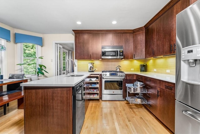 8963 Seneca Ave, Mccandless, PA 15237 - kitchen featuring stainless steel appliances, a sink, light wood finished floors, decorative backsplash, and a peninsula