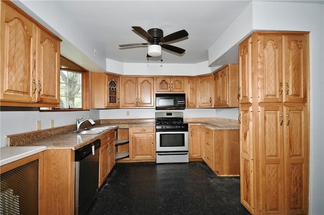 4605 2nd St, Versailles Boro, PA 15132 - kitchen with stainless steel gas range, dishwashing machine, black microwave, a sink, and ceiling fan