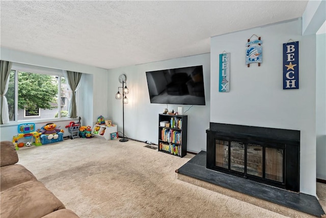 303 Serendipity Dr, Moon/Crescent Twp, PA 15108 - living area featuring carpet flooring, a textured ceiling, and a multi sided fireplace