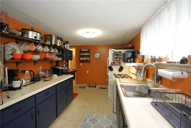 1467 Hayden Blvd, Elizabeth Twp/Boro, PA 15037 - kitchen with open shelves, light countertops, blue cabinetry, a sink, and white range with gas stovetop