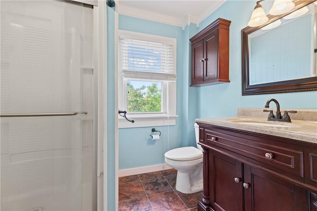 338 Buffalo St, Beaver, PA 15009 - full bath with vanity, a stall shower, baseboards, toilet, and crown molding