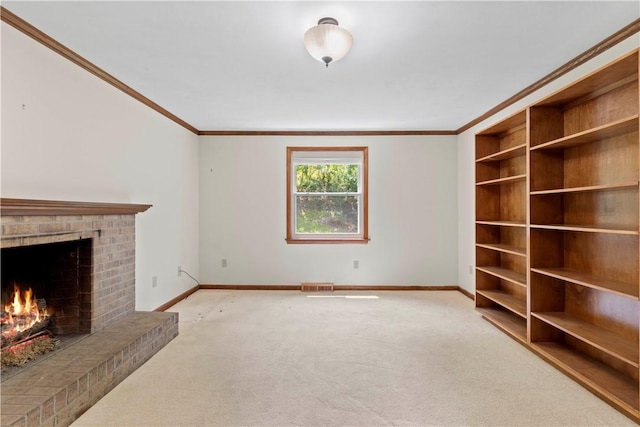 455 Darrell Dr, Penn Hills, PA 15235 - unfurnished living room featuring baseboards, crown molding, carpet floors, and a brick fireplace