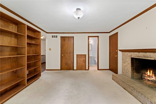 455 Darrell Dr, Penn Hills, PA 15235 - unfurnished living room featuring carpet floors, crown molding, a fireplace, and baseboards