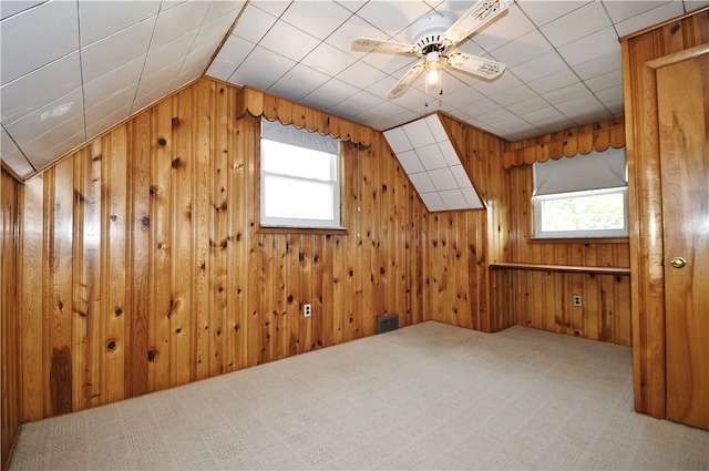 3743 Grant St, Castle Shannon, PA 15234 - additional living space featuring plenty of natural light, carpet, wooden walls, a ceiling fan, and lofted ceiling