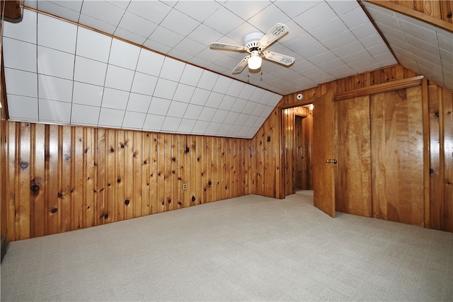 3743 Grant St, Castle Shannon, PA 15234 - additional living space with carpet flooring, vaulted ceiling, wood walls, and ceiling fan