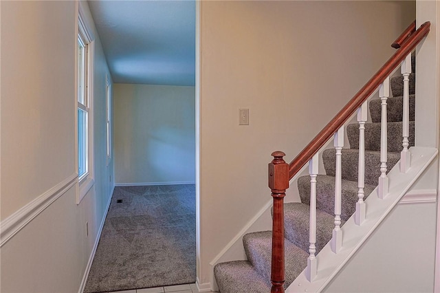2678 Elaine Dr, Lower Burrell, PA 15068 - staircase featuring carpet flooring and baseboards
