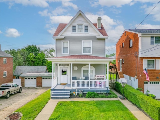 154 Sceneridge Ave, Brentwood, PA 15227 - view of front of home featuring covered porch, a chimney, a detached garage, a front lawn, and an outbuilding