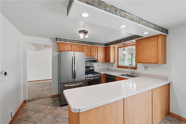 413 Stilley Rd, Jefferson Hills, PA 15025 - kitchen featuring appliances with stainless steel finishes, a sink, a peninsula, under cabinet range hood, and baseboards