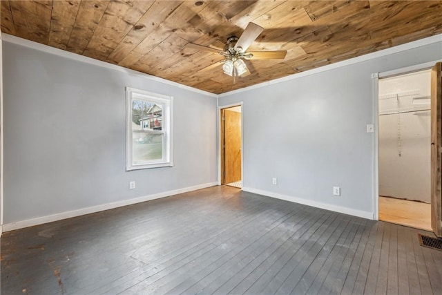 316 Dutchman Run Rd, Lower Burrell, PA 15068 - spare room with wooden ceiling, ceiling fan, crown molding, dark wood-style floors, and baseboards
