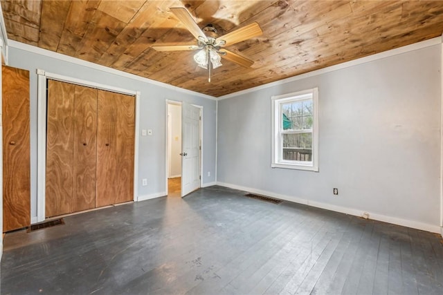 316 Dutchman Run Rd, Lower Burrell, PA 15068 - unfurnished bedroom with wooden ceiling, ornamental molding, dark wood-style flooring, baseboards, and ceiling fan