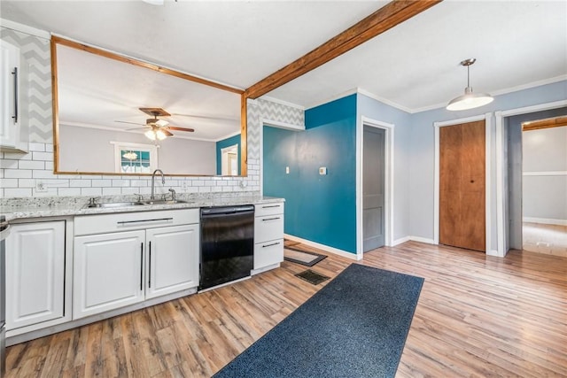 316 Dutchman Run Rd, Lower Burrell, PA 15068 - kitchen featuring dishwasher, a sink, backsplash, white cabinets, and ornamental molding