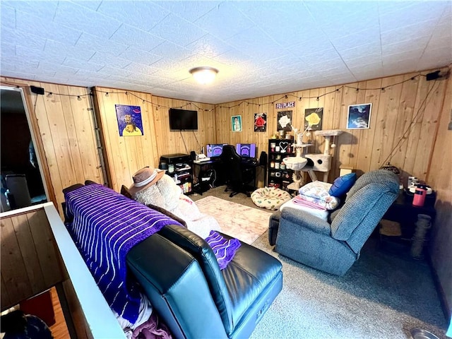 127 Tipple Row Rd, Hempfield Twp Wml, PA 15601 - carpeted living area featuring wooden walls
