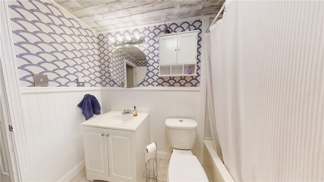 2819 Glenmore, Dormont, PA 15216 - full bath with vanity, toilet, shower / bathtub combination with curtain, baseboards, and wood ceiling