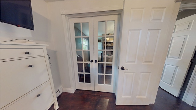 2819 Glenmore, Dormont, PA 15216 - doorway featuring french doors, baseboard heating, dark wood-type flooring, and baseboards