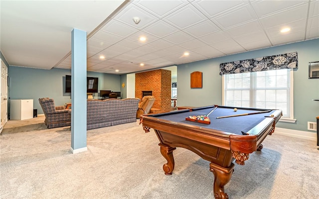 3124 Canterbury Dr, Hampton, PA 15101 - game room featuring carpet, recessed lighting, a brick fireplace, pool table, and baseboards