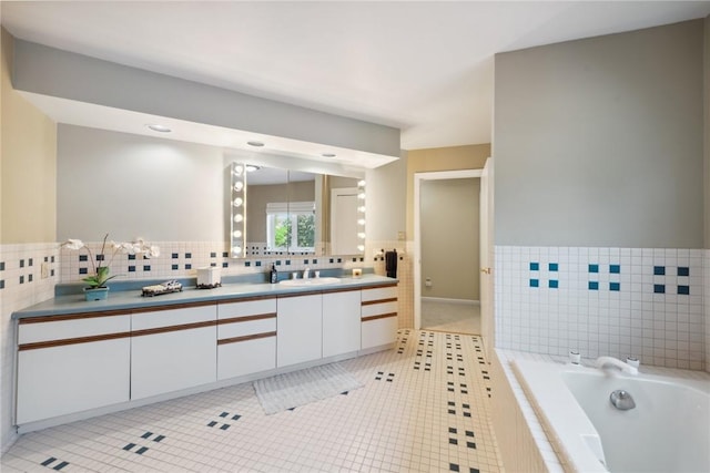 3532 Fairway Ct, Blairsville Area, PA 15717 - full bath with double vanity, a garden tub, tile patterned floors, tasteful backsplash, and recessed lighting