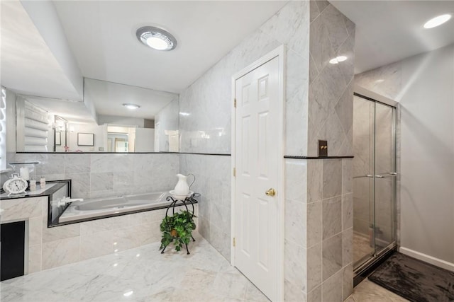 3532 Fairway Ct, Blairsville Area, PA 15717 - full bathroom featuring a stall shower, a bath, vanity, and marble finish flooring