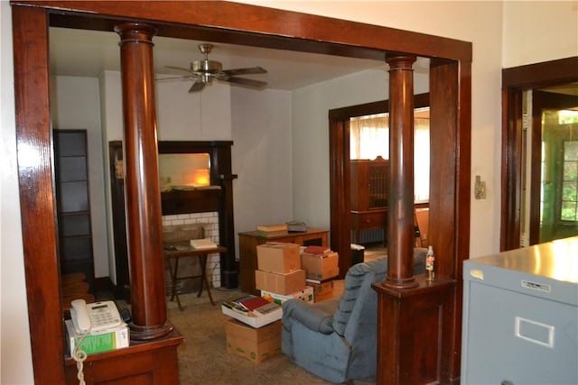 117 Grant Ave, Shaler, PA 15223 - carpeted living room with ornate columns, radiator heating unit, and a ceiling fan
