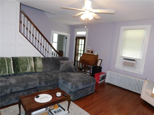 508 Bosses Row, Crucible, PA 15325 - living room featuring radiator, wood finished floors, a ceiling fan, and stairs