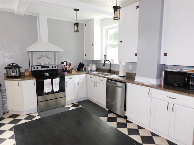 508 Bosses Row, Crucible, PA 15325 - kitchen with appliances with stainless steel finishes, light flooring, wall chimney range hood, a sink, and beamed ceiling