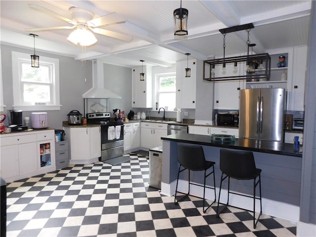 508 Bosses Row, Crucible, PA 15325 - kitchen featuring stainless steel appliances, wall chimney range hood, a sink, light flooring, and beamed ceiling