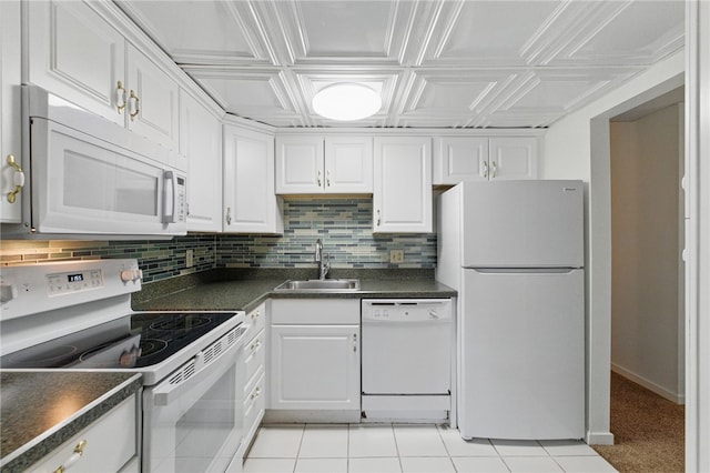 595 Calais Dr Unit 324, Mccandless, PA 15237 - kitchen with white appliances, a sink, dark countertops, white cabinetry, and an ornate ceiling
