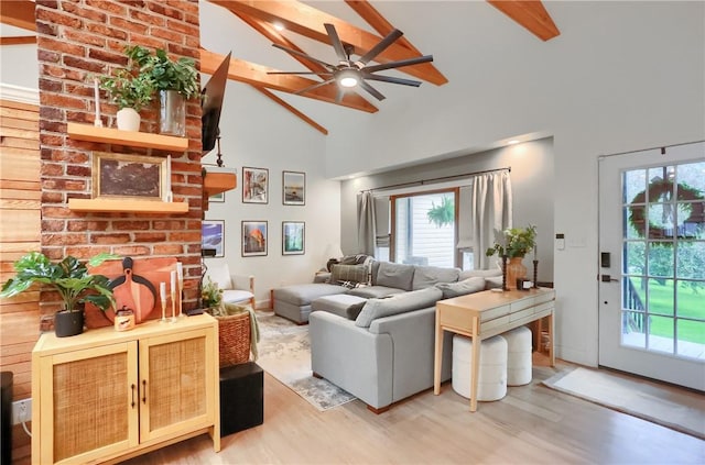 2971 Acre Rd, Scott Twp Law, PA 16101 - living area featuring high vaulted ceiling, beam ceiling, light wood-type flooring, and a ceiling fan