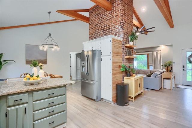 2971 Acre Rd, Scott Twp Law, PA 16101 - kitchen featuring stainless steel fridge with ice dispenser, green cabinetry, high vaulted ceiling, beamed ceiling, and light wood-style flooring