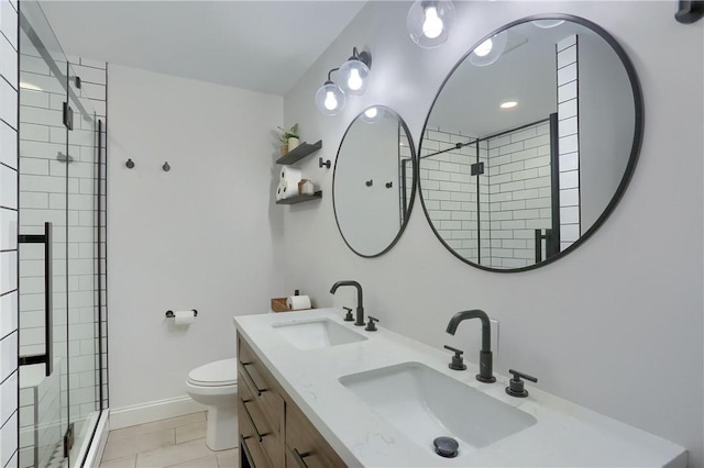 2971 Acre Rd, Scott Twp Law, PA 16101 - bathroom with a shower stall, double vanity, toilet, a baseboard heating unit, and baseboards