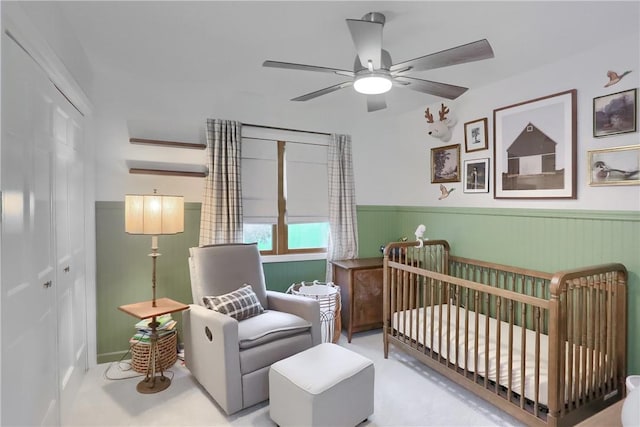 2971 Acre Rd, Scott Twp Law, PA 16101 - bedroom featuring a closet, wainscoting, a nursery area, and a ceiling fan