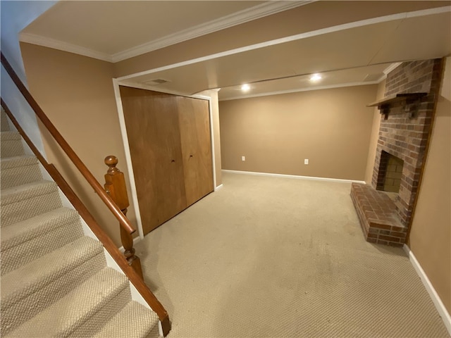 728 Heathergate, Indiana Twp Nal, PA 15238 - finished below grade area with carpet floors, baseboards, a fireplace, crown molding, and stairs