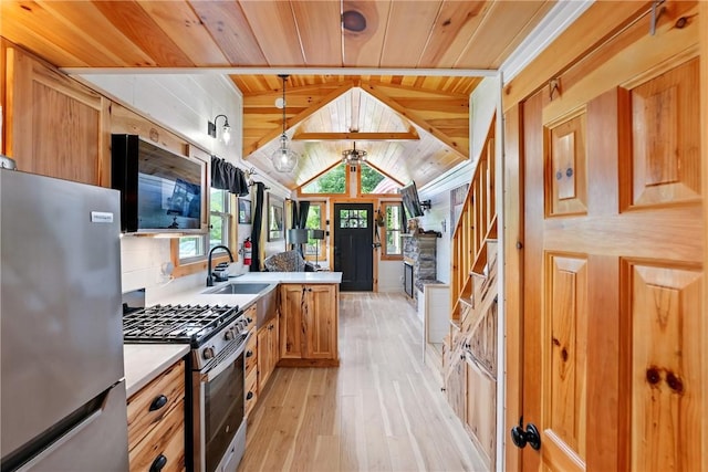 319 Ferry Ln, North-Other Area, PA 16370 - kitchen with appliances with stainless steel finishes, wood ceiling, light wood-type flooring, a sink, and light countertops