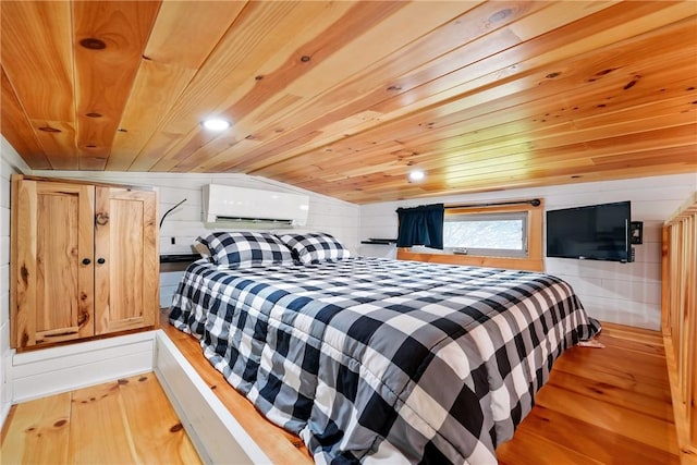 319 Ferry Ln, North-Other Area, PA 16370 - bedroom featuring light wood-style floors, wood ceiling, lofted ceiling, a wall mounted AC, and recessed lighting