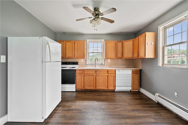 147 Church St, Claysville, PA 15323 - kitchen with white appliances, a baseboard heating unit, a sink, and plenty of natural light