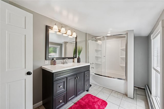 203 E Main St, New Alexandria, PA 15670 - full bath with a baseboard heating unit, vanity, bath / shower combo with glass door, and tile patterned floors