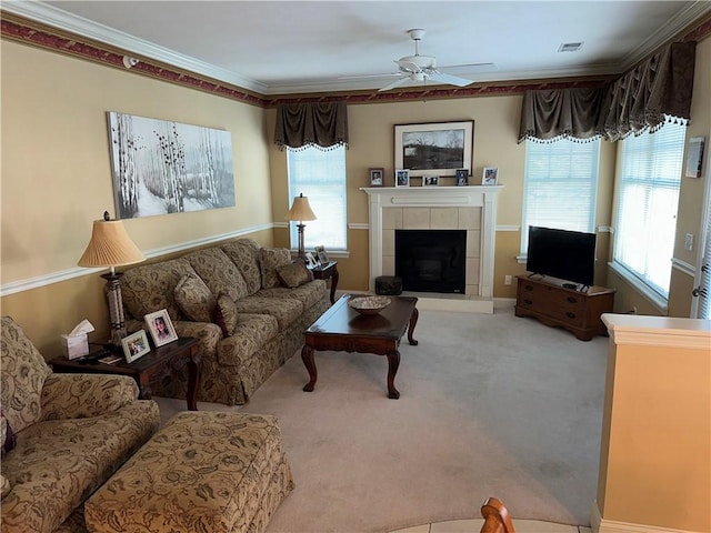 234 Adams Pointe Blvd Unit 10, Adams Twp, PA 16046 - carpeted living room with ceiling fan, crown molding, and a tiled fireplace