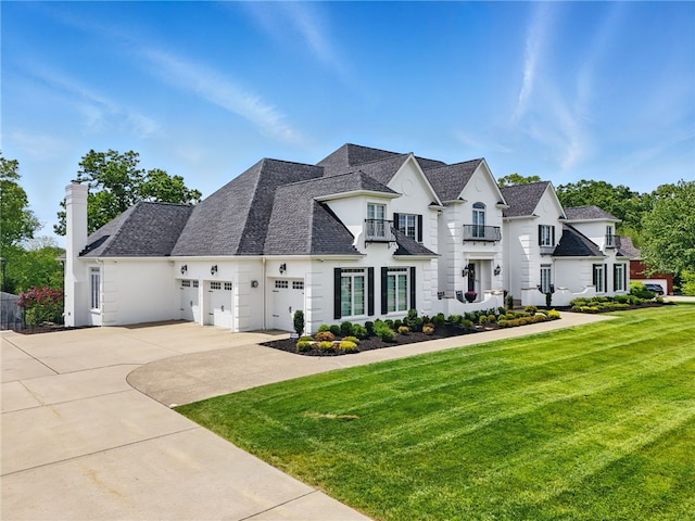 527 Salem Heights Dr, Pine Twp Nal, PA 15044 - french country inspired facade with a balcony, driveway, a front lawn, a garage, and a shingled roof