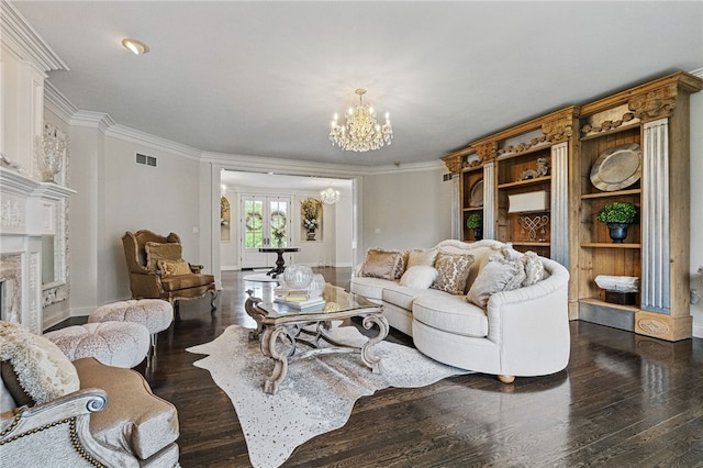 527 Salem Heights Dr, Pine Twp Nal, PA 15044 - living area featuring a chandelier, ornamental molding, dark wood-style flooring, baseboards, and a high end fireplace