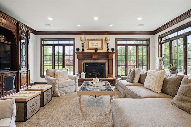 527 Salem Heights Dr, Pine Twp Nal, PA 15044 - living area featuring crown molding, a high end fireplace, and recessed lighting
