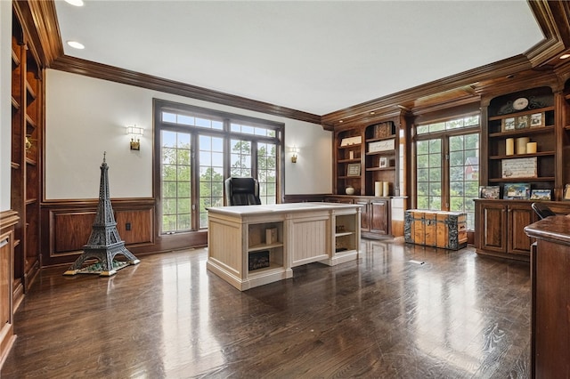 527 Salem Heights Dr, Pine Twp Nal, PA 15044 - office space featuring crown molding, wainscoting, dark wood-style floors, built in shelves, and recessed lighting