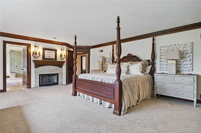 527 Salem Heights Dr, Pine Twp Nal, PA 15044 - carpeted bedroom featuring crown molding, a premium fireplace, and connected bathroom