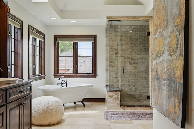 527 Salem Heights Dr, Pine Twp Nal, PA 15044 - full bathroom featuring a stall shower, a freestanding bath, vanity, recessed lighting, and baseboards